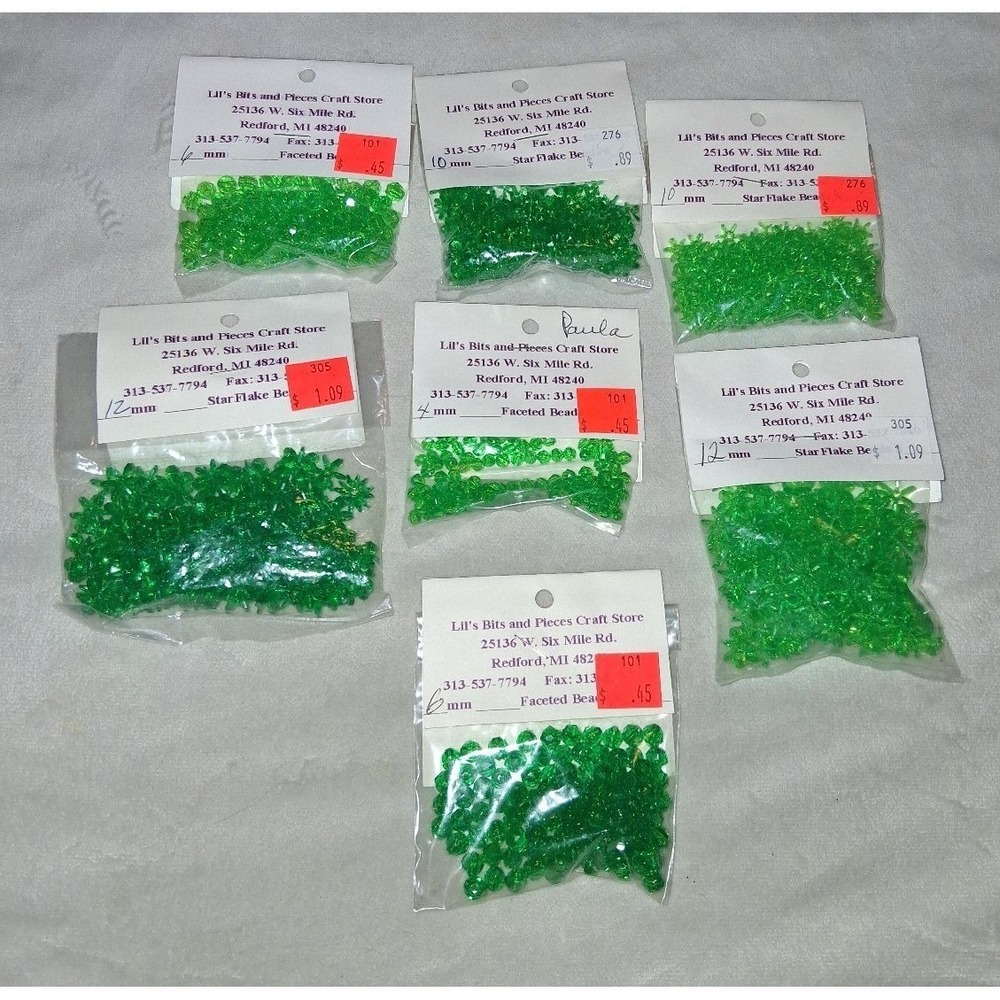 Vintage Green Craft Bead Lot NOS 4mm 6mm 10mm 12mm Faceted Starflake 7 Packs